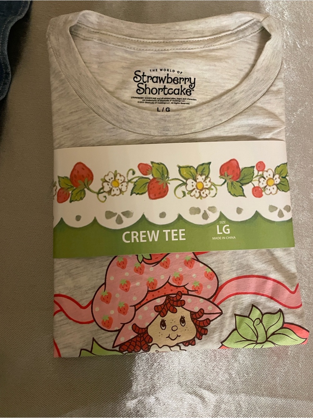 MAD Engine Strawberry Shortcake Gray Crew Tee with Pink & Green Graphic